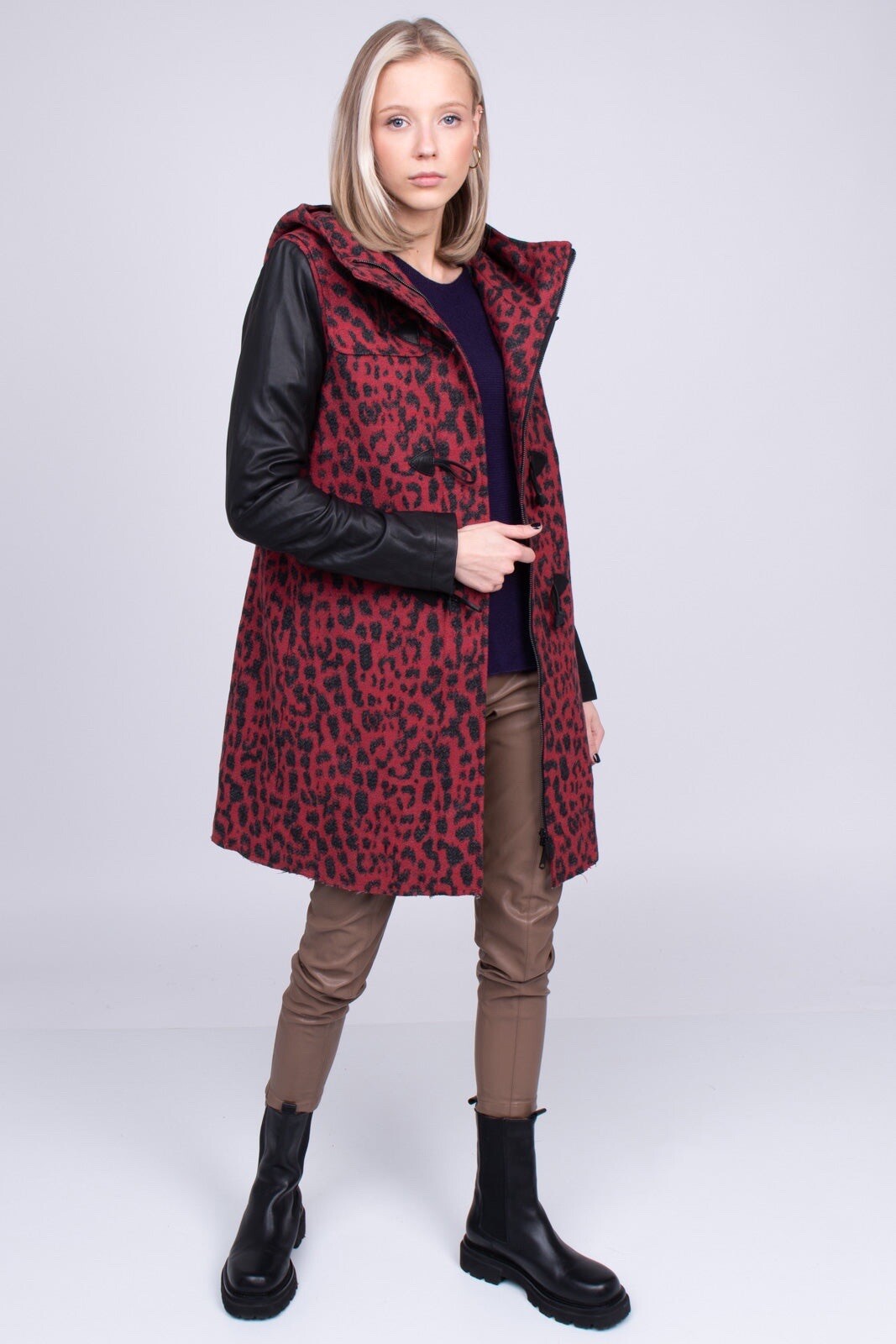 Diesel Leo Mantel Womans Small Size Leather & Red Leopard Hooded Jacket New