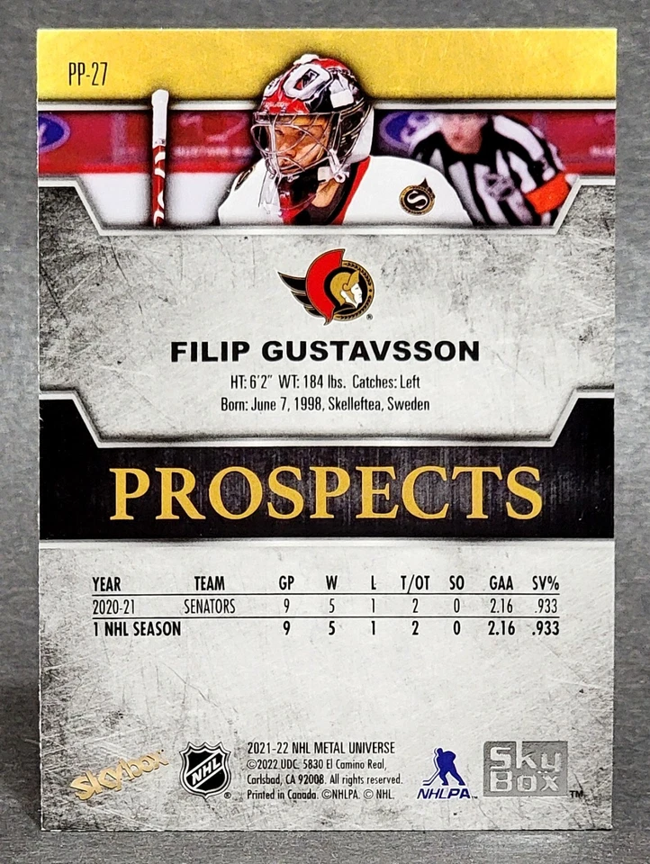 2021-22 Skybox Metal Universe Premium Prospects Sapphire #PP-27 Filip Gustavsson - Image 2 of 2