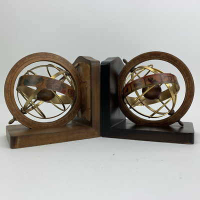VTG Brass Wood Zodiac Armillary Celestial Astrology Sphere Globe Bookends Italy