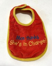 Baby One Size Drool Feeding Bib Mom Thinks Shes in Charge Red Yellow Terry Cloth