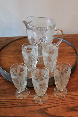 Jeannette Iris Herringbone Depression Glass Pitcher and 6 Tumblers