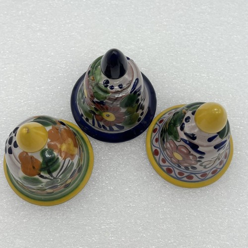 Talavera Bells Signed Hand Painted Mexico Set Of 3 Flowers - Afbeelding 2 van 10