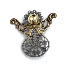 Vtg Kat's Creations Angel Mixed Metals Layered Openwork Brooch Pin 1.5" Holiday
