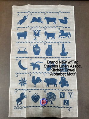 NWT Stevens Linen Assoc. Blue & White Kitchen Towel Alphabet Motif Tag Attached