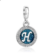 Initials H Letter Spakling Blue Alphabet Dangle Birthday Charm Compatible with P