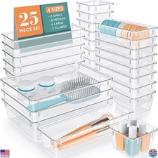 25 PCS Clear Plastic Drawer Organizer Set - 4 Sizes for Makeup, Jewelry, Office