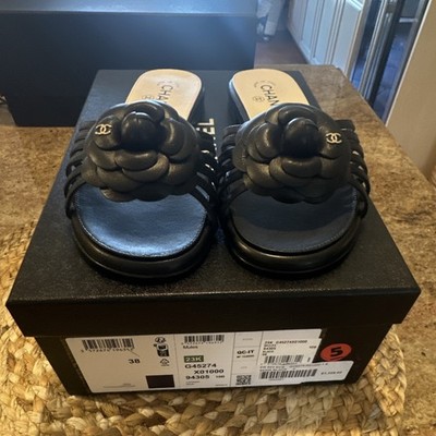 CHANEL Women's Black Leather Camellia Slide Sandals US Size 8 New with Box