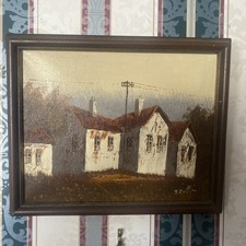 Dipinto ad olio con cornice J. Rollins, pre-1977 firmato 10 x 8” case in stucco cottage