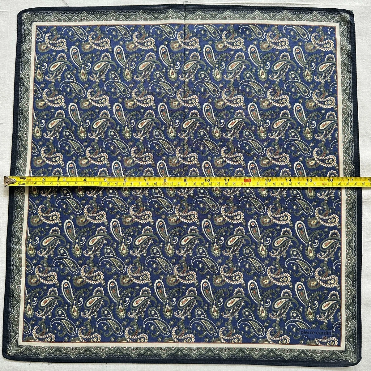 Vintage Handkerchief Blue Cotton Paisley Green Pattern Classic Pocket Square 17"