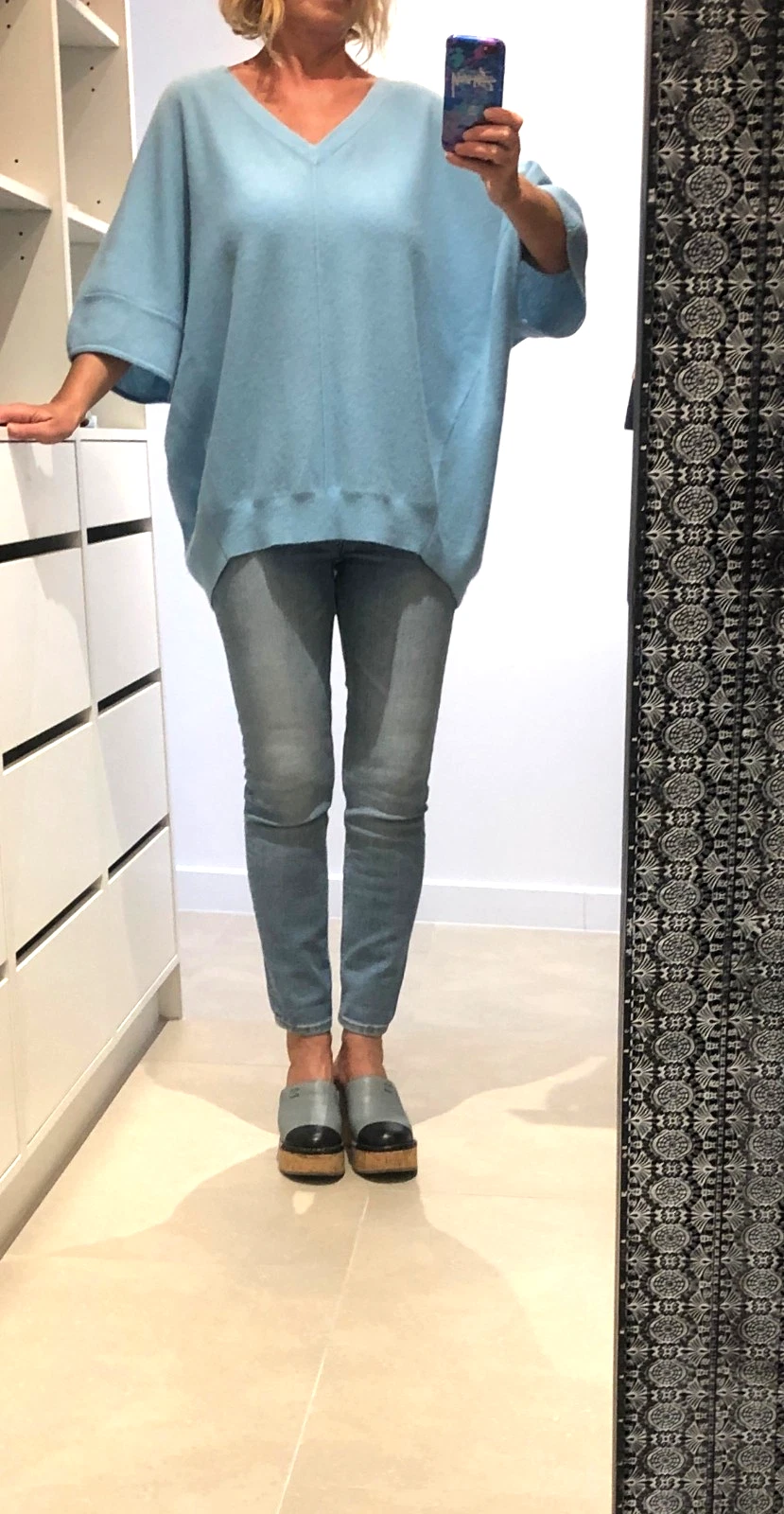 White + Warren 100% Cashmere Luxury Knit Blue Tunic Sweater T Shirt Top Poncho