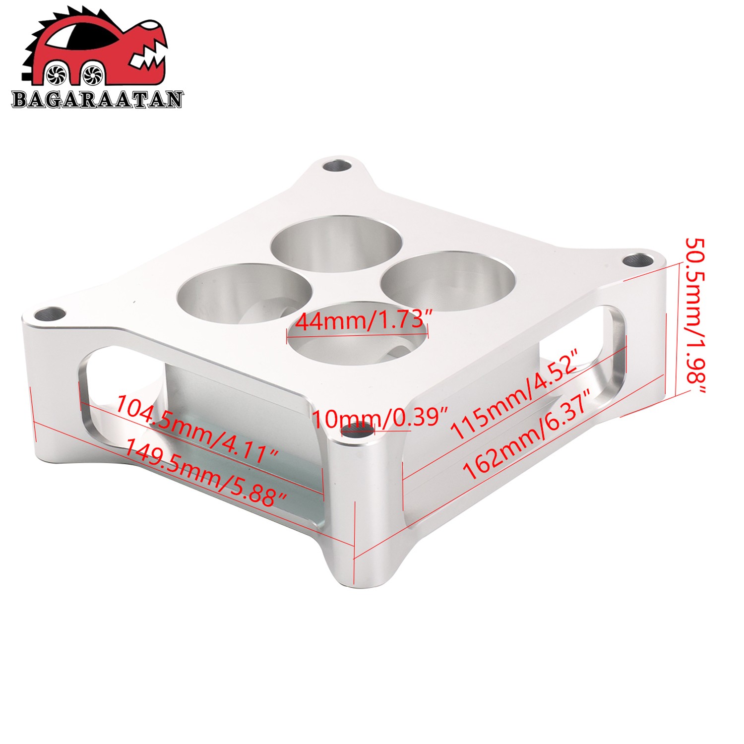 2" Aluminum 4150 CNC Machined Carburetor Spacer Square Bore 4 Port - Silver USA