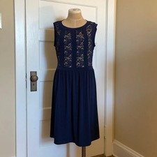 Candalite Womens Navy Blue Lace Bodice Sleeveless Fit Flare Cocktail Dress L