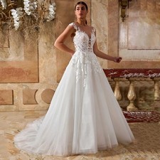 Wedding Dress for Woman Bride Customized Cap Sleeve Scoop Neck Sequined Applique