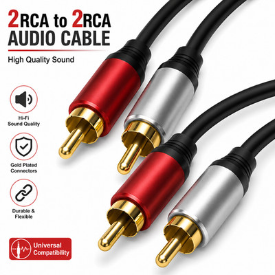 2RCA to 2RCA Cable 3Ft Gold-Plated 2 RCA Male to 2 RCA Male Stereo Audio Cabl...