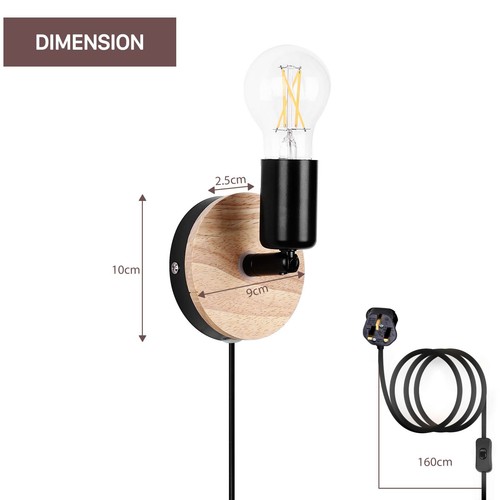 Plug in Wall Lights w/ Switch Wall Lights Indoor Wood Wall Light 360° Rotatable - Picture 6 of 7
