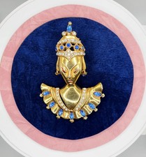 1940?S Signed REINAD Asian Princess Blue Rhinestone Large Figural Pin FUR CLIP