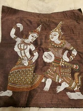 Vintage Silk Thai Temple Rubbing style art painted Textile Asian Art Thailand