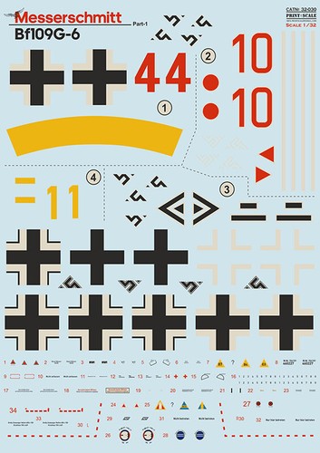 Messerschmitt Bf-109 G-6 Part 1 / 32-030 / 1/32 Scale Decals Print Scale