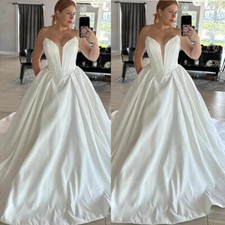 White Ivory Satin Wedding Dresses with Pocket Strapless Sweep Train Bridal Gowns