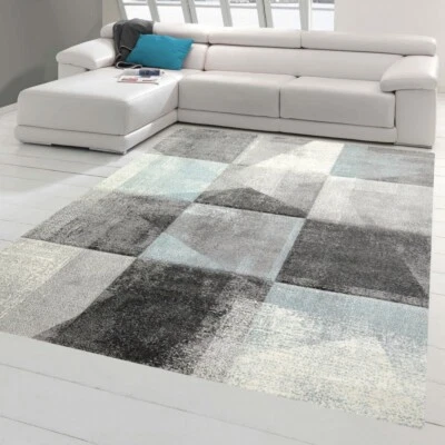 Tapis Moderne Couloir Salon Carreaux Design Abstrait en Gris Bleu Crème - - Photo 1/4