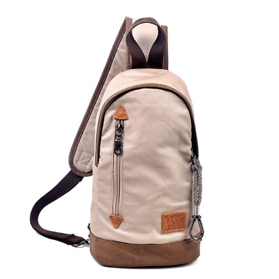 NEW! TSD Brand URBAN LIGHT COATED CANVES SLING BAG in BEIGE   w/ Genuine Leather