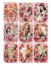 Retro Valentine's Day Pinup Girls Set of 9 Collage Glossy Sticker Labels 316S