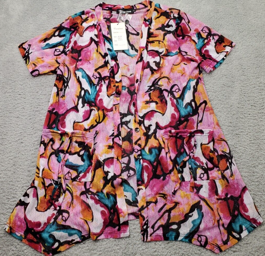 Women's Large Multi Short Sleeve Shark Bite Hem Button Front Creation Cardigan-image