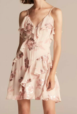 $495 NWT REBECCA TAYLOR Sz10 FLEUR RUFFLE SILK CHIFFON DRESS ROSE GOLD  METALLIC | eBay