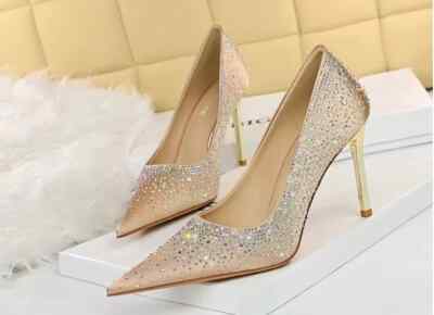 Pumps Damenschuhe Absatz Stilett Champagner Strass 10 CM Leder Kunststoff 22309