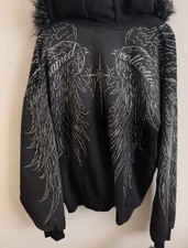 Named Collective Angel Rhinestone Black Faux Fur Trim Zip Hoodie L/XL