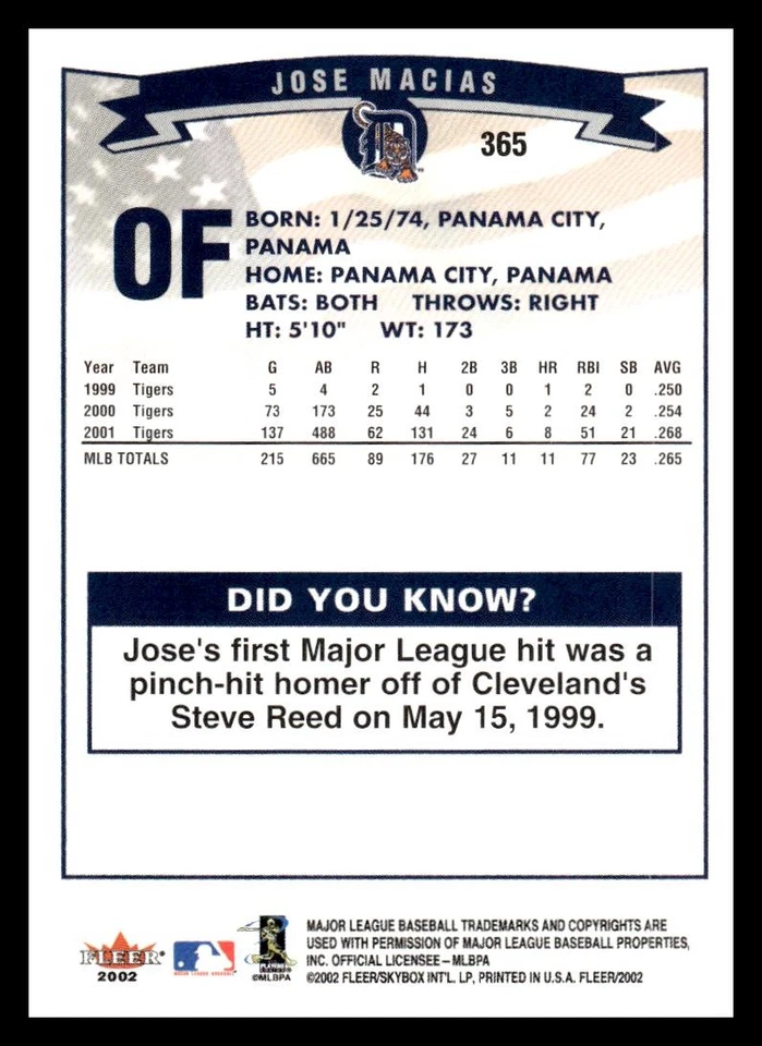 2002 Fleer #365 Jose Macias Detroit Tigers - Image 2 of 2