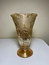 Vintage Jeanette Glass Co. Iris & Herringbone marigold carnival glass vase