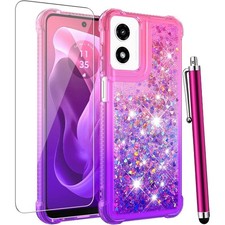 for Moto G Play 2024 Case with Screen Protector, Glitter Bling Liquid Cover Pink
