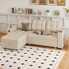 Sleeper Sofa, Room 2-in-1 L-Shaped Sofa Couch Bed with Storage Chaise & USB