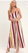 Lulus Blush Pink Striped Maxi Dress Medium Open Back Lined Beachy Resort Coastal