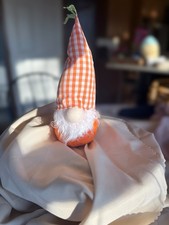 At Home Spring Gnome Decor Orange Gingham Hat Carrot Top Easter Shelf Sitter