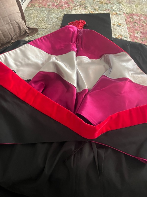 Herff Jones Cap and Gown and Red/White Hood 6'1, masters degree