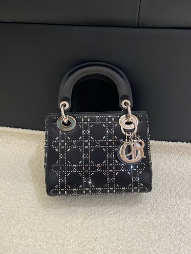 Dior Lady Dior Mini Black Satin Rhinestone 3-Grid Top Handle Bag Duty Paid