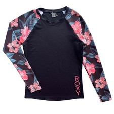Roxy Women M Black Coral Floral Long Sleeve Rash Guard Swim Shirt Sun Protection