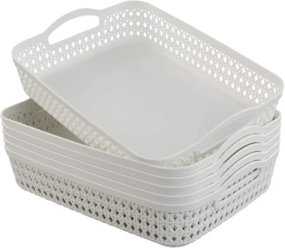 White Plastic Storage Basket Tray, Pack for 6 (Large)