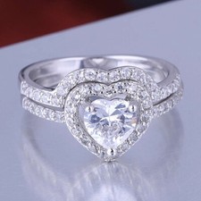 New Zirconia Heart Shaped Cushion Wedding Ring Set on Sterling Silver Setting