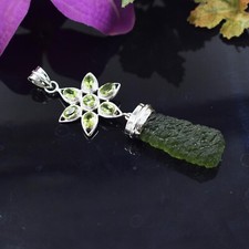 100% Genuine Moldavite Gemstone Pendant Peridot 925 Sterling Silver Jewelry Gift