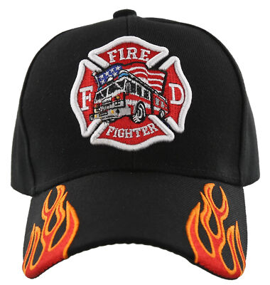 FIRE DEPT FIRE FIGHTER SIDE FLAMES BALL CAP HAT BLACK