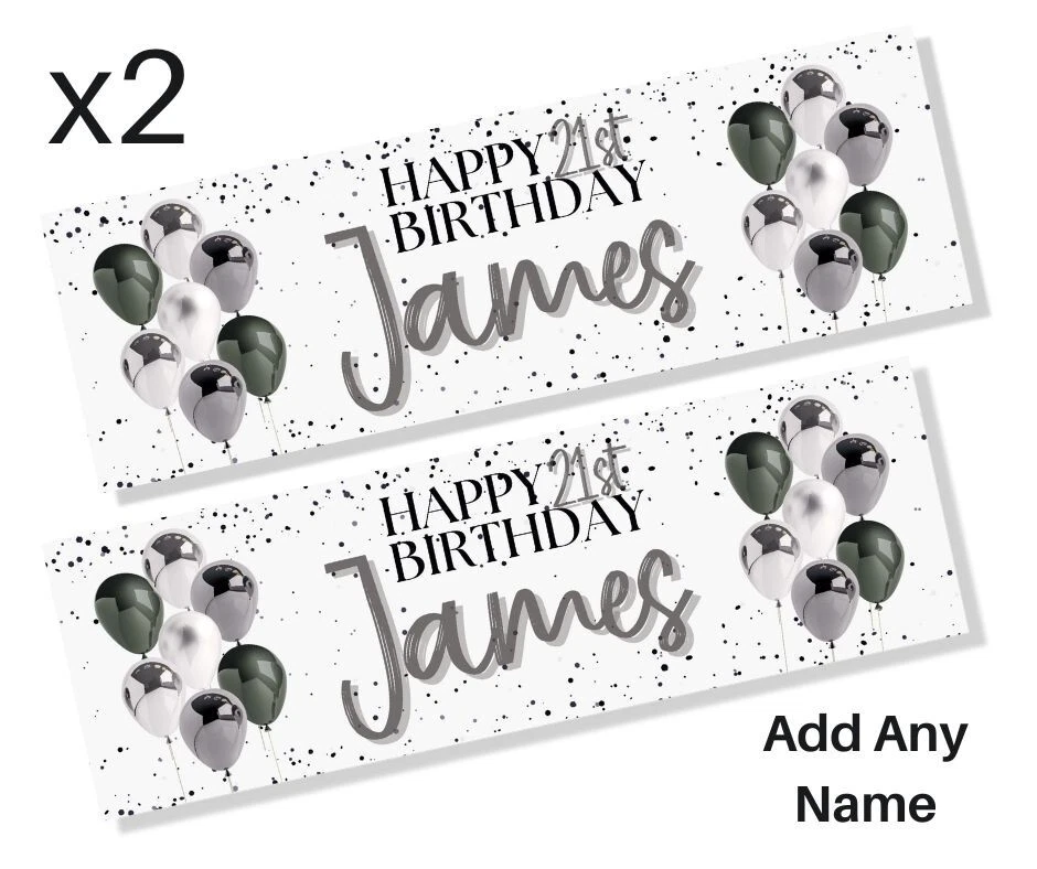 MADVINL 2 x Personalised Birthday Banners Large 900x300 Silver Black ADD NAME & ANY AGE