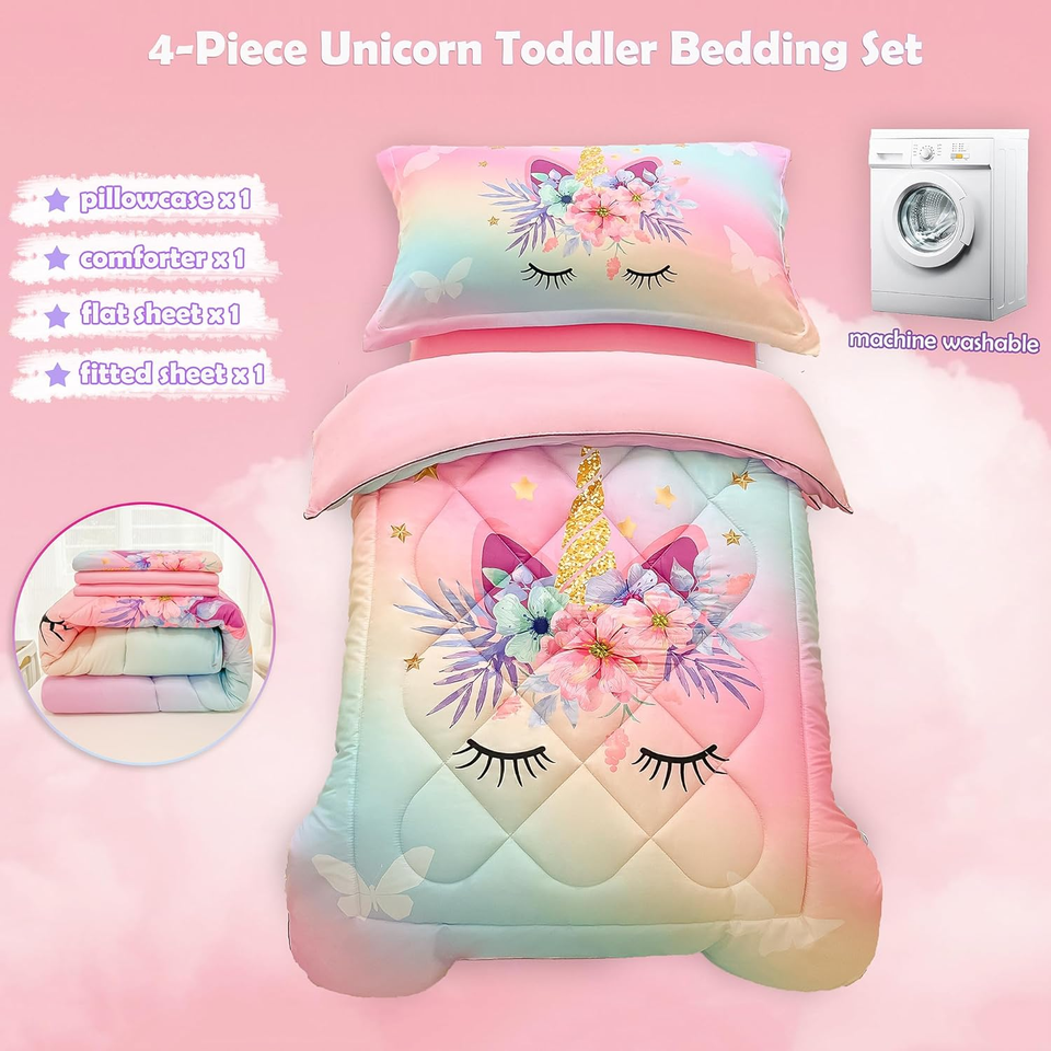 4 Pieces Rainbow Unicorn Toddler Bedding Set Girls Pink Floral