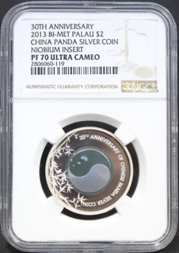 Palau 2013 30th Year Anniversary China Panda Niobium Bimetal Silver Coin NGC 70