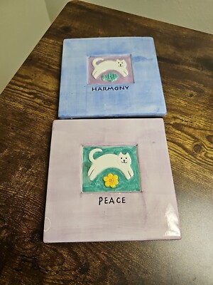 Cat Peace & Harmony Wall Hanging Plaque Ceramic 1994 Clay Art Village 