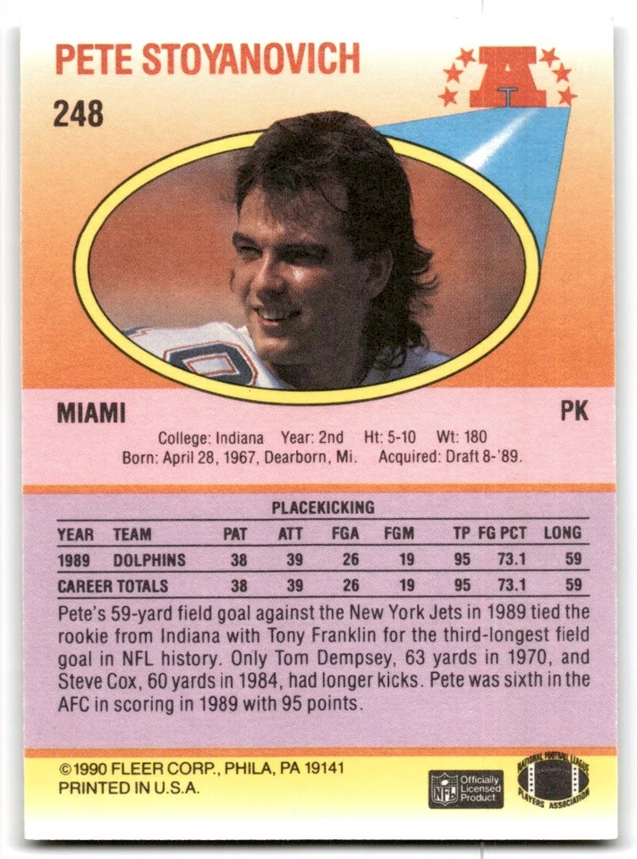 1990 Fleer Pete Stoyanovich Miami Dolphins #248 - Image 2 of 2