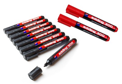 10 Stück edding - Permanent-Marker 300 Filzstift 8 x schwarz, 2x rot Rundspitze