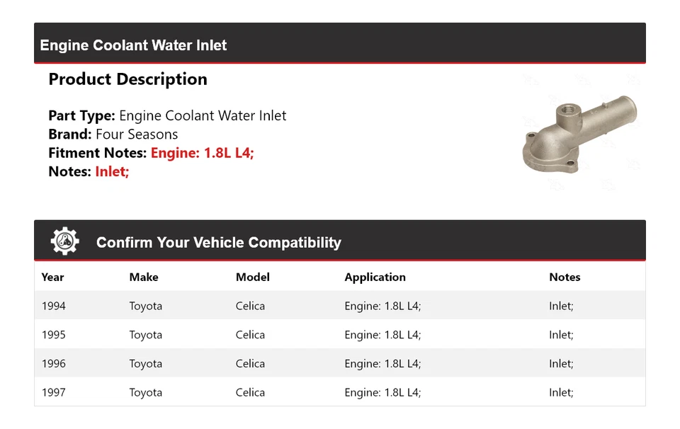 Toyota Celica 1994-1997 motor L4 1,8 L entrada de agua refrigerante 4 estaciones 1995 Foto 2 de 4